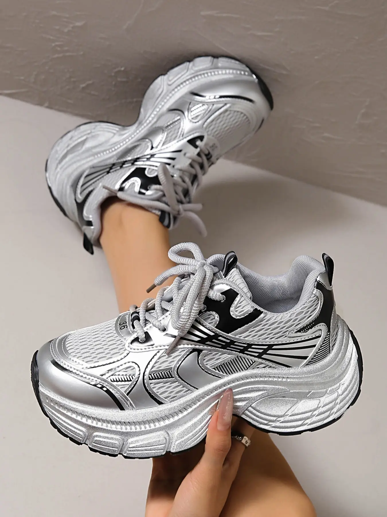 Women's New Thick Sole Sport Shoes, All-Season Silver Color Mesh Flat Casual Shoes, Retro Wedge Lace-Up Fashion Dad Shoes, Thick Sole Sneakers, Athletic Gym Sneakers, Sports Sneakers, Patchwork Design Sneakers, Thick Soled Sneakers
