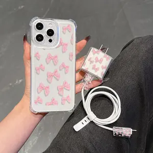 Cute Bow Pattern Phone Case with Charger Saver & Cable Protector & Storage Rope, Anti-drop Protective Phone Protector Cover, Phone Accessories for iPhone, Casing
