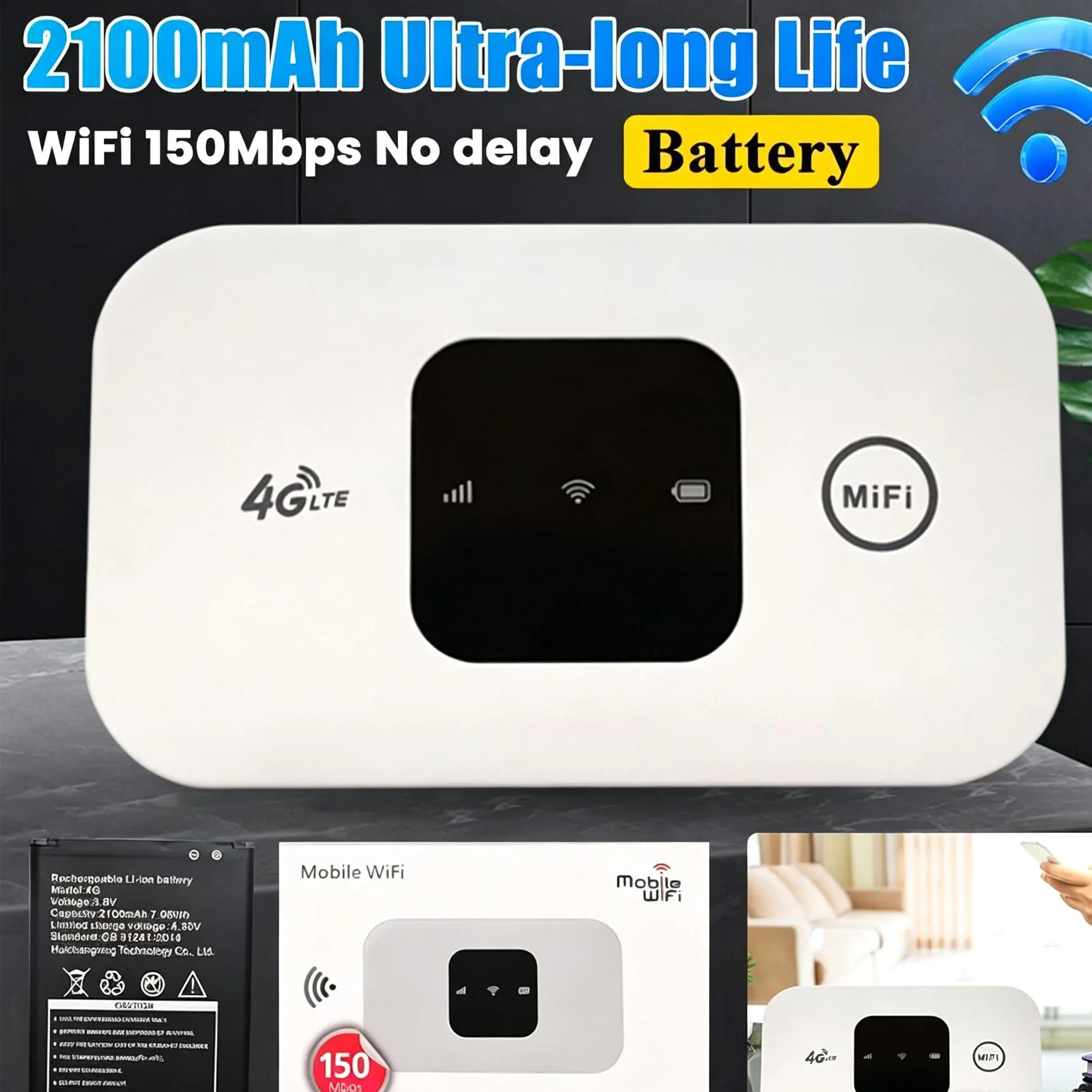 4G LTE Pocket Wi-Fi Hotspot Router, 150Mbps Wireless Mobile Hotspot with SIM Card Slot, 2100mAh Battery for Outdoor & Home Use