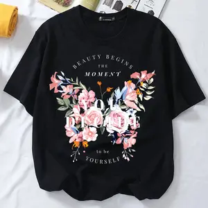 Butterflies interwoven with flowers T-shirt For Women Casual Unisex  Simple Printed Short Sleeves Round Neck  Fabric Top  Breathable Cotton Day Soft Thick Womenswear Crewneck Fitted Floral Shortsleeve  Tshirt Streetwear Summer White  Fashionable