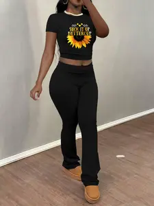 sunflower pattern printing Women's Sunflower Print Casual Set, Short Sleeve Crop Top & Flare Pants, Spring & Fall Fashion, Tight Fit, Moderate Fabric