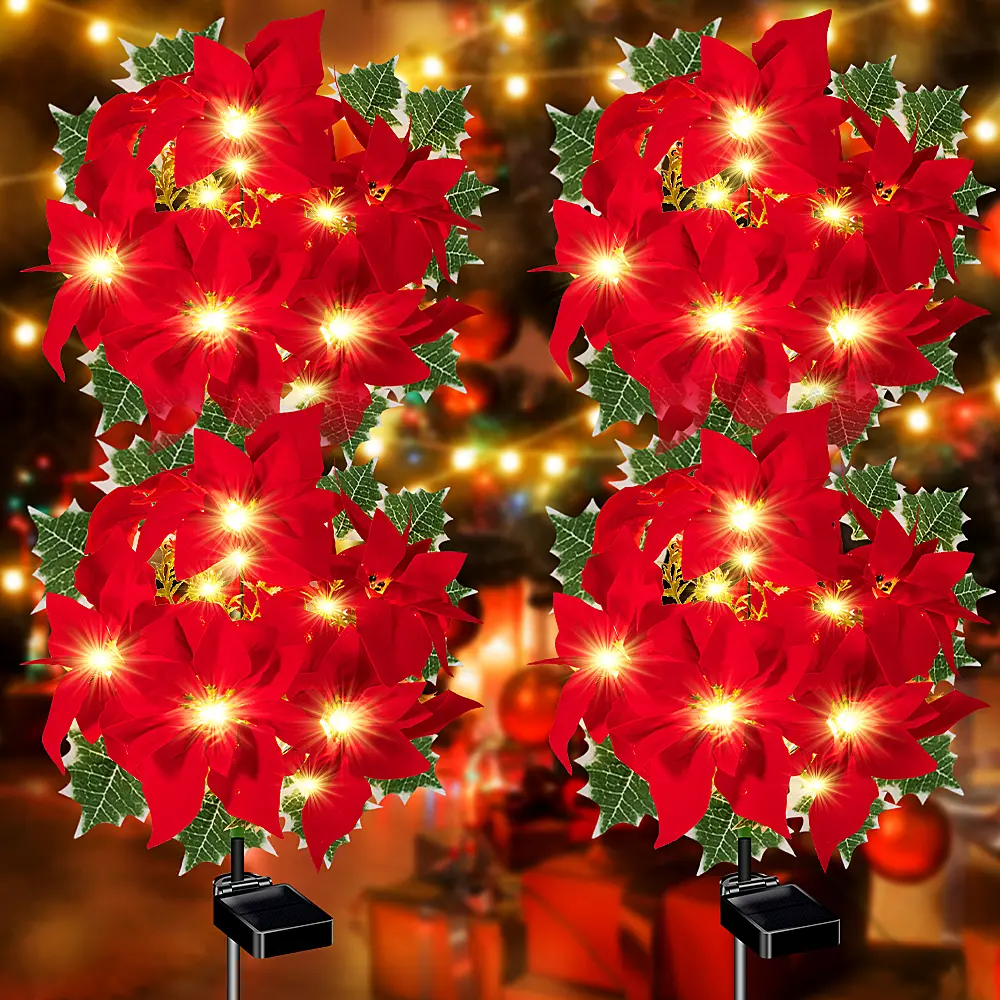 4-piece set of solar-powered red flower outdoor waterproof lights, 7 flower lights decoration, suitable for garden and courtyard decoration It can also be used as a decoration for floral-themed parties, Independence Day decorations, and as a gift for mom
