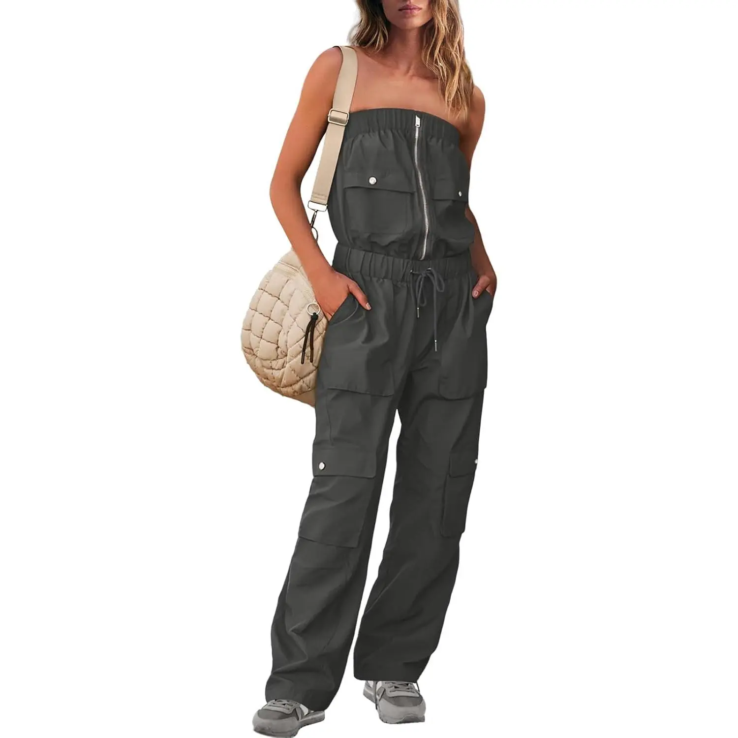 Women's Strapless Cargo Jumpsuit, Cute Light Streetwear Outfit with Pockets, Loose Fit Wide Leg for Summer Travel, Baseball, Trench, Jumper, Parachute, Cap