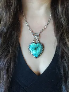 Huge Silver Labradorite Heart Necklace - Ethnic Statement Boho Tribal Necklace