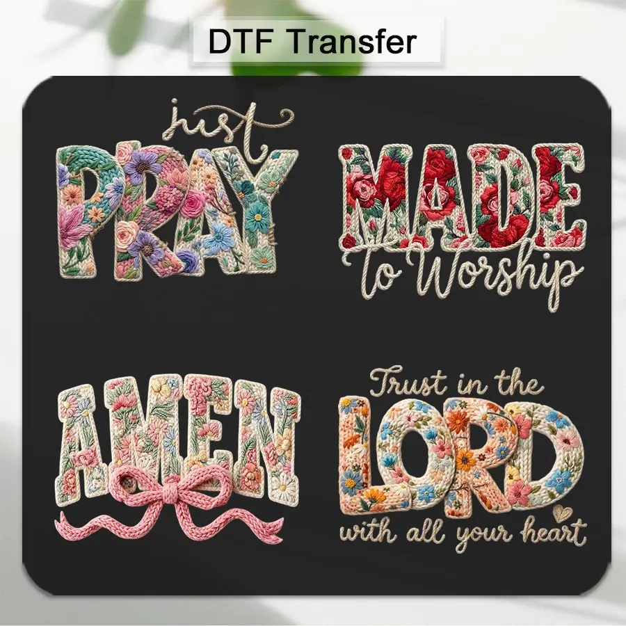 Christian-Themed DTF Iron-On Transfer Stickers, 4PCS/SET (AMEN, PRAY LORD), Washable Durable diy material Craft Supplies for T-Shirts, Bags