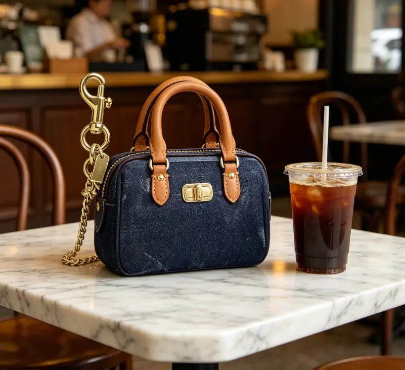 Women's Mini Denim Boston Handbag - Old Money Style with Leather Top Handle, Gold Keychain AirPods Pouch, Striped Envelope Zipper Purse, Lightweight Portable Multi-Use Wallet Pouchlette