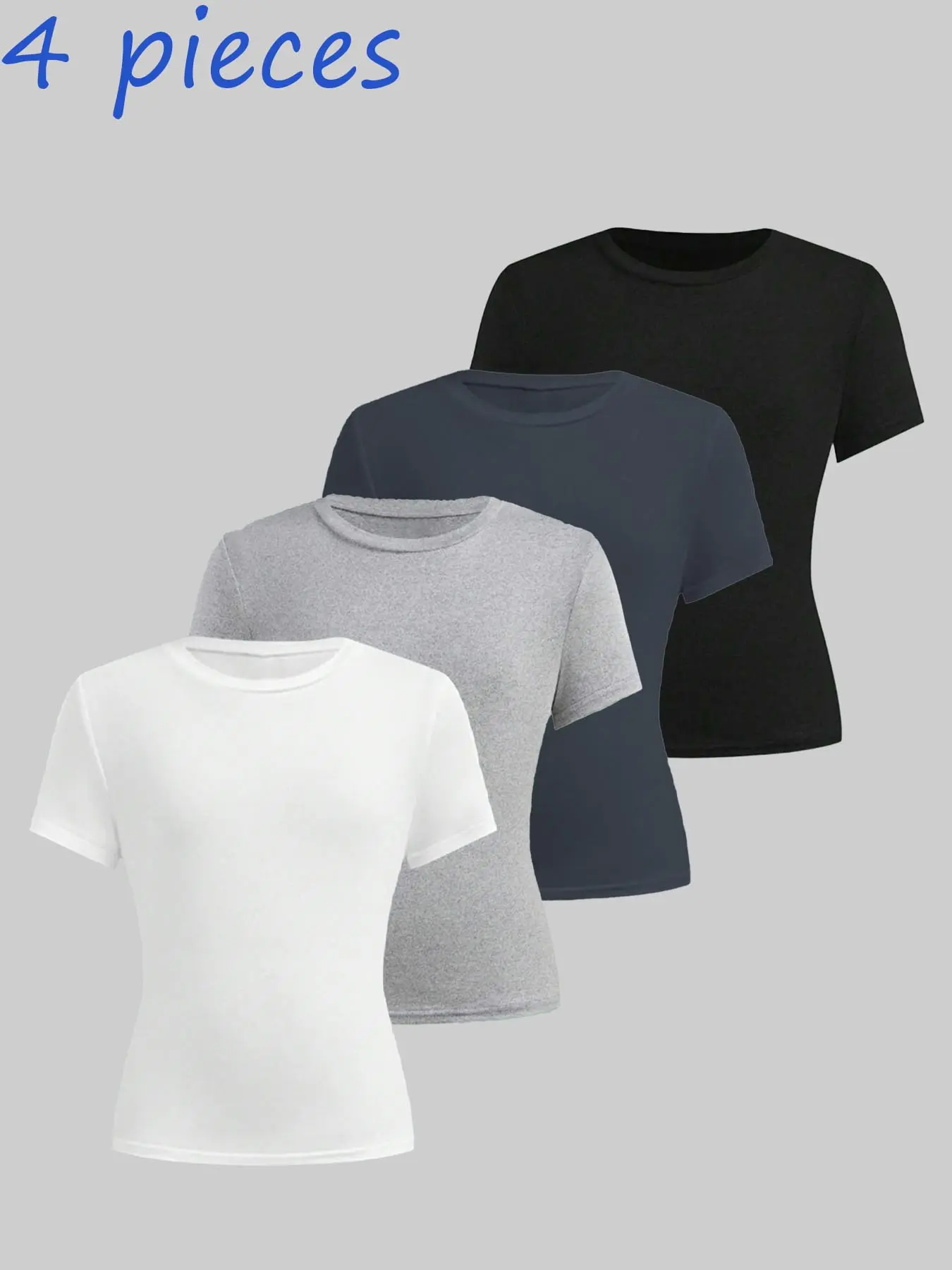 4-piece girls' solid color simple basic style T-shirt top, short sleeved Round Neck Tee, casual slimming, Fitted, comfortable and elegant, girls' clothing, machine washable and dry cleanable