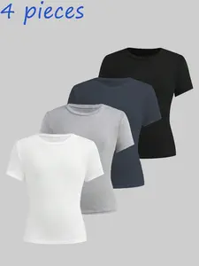 4-piece girls' solid color simple basic style T-shirt top, short sleeved Round Neck Tee, casual slimming, Fitted, comfortable and elegant, girls' clothing, machine washable and dry cleanable