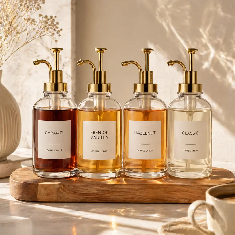 4 Pack Aesthetic Glass Coffee Syrup Dispenser Set with Labels, 16.9oz Coffee Bar Accessories & Station Organizer with Gold Pumps for Syrup, Honey, Sauce