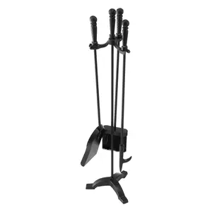 Fireplace Tool Set, Four-Piece With Holder and Three-Prong Stand, Includes Ash Shovel, Brush, Fire Poker, Wrought Iron Fireplace Accessories For Indoor And Outdoor Use, Black Finish For Home Or Patio Use