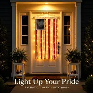 Lighted American Rag Flag Banner With LED Fairy Lights, 4x2.3 Ft Rustic Patriotic Tassel Garland For 4th Of July Decoration, Aesthetic Americana Wall Hanging For Porch Yard Party, Independence Day Celebration Home Decor 250th Anniversary