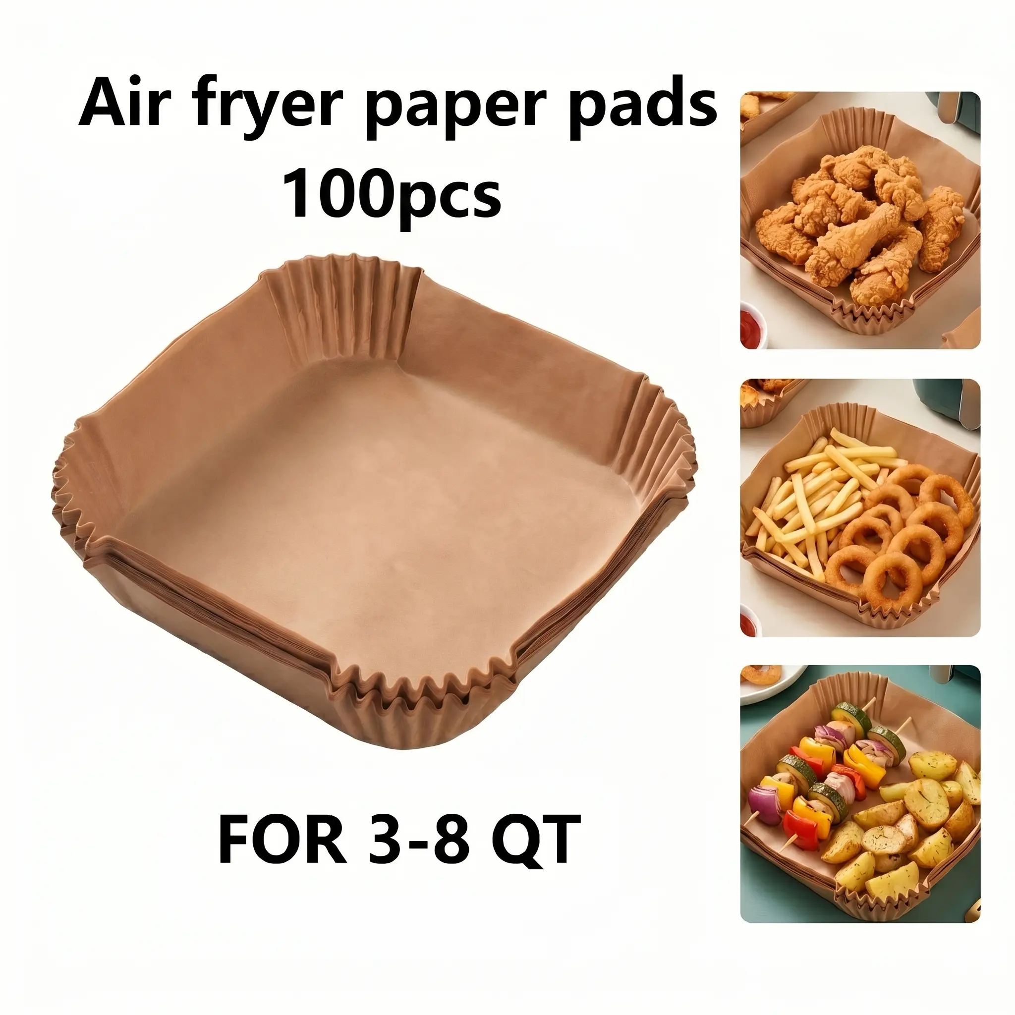 100PCS Disposable Non-Stick Air Fryer Paper Liners, Thick Square Silicone Coating Parchments, Waterproof Oil-Resistant High Temp Food-Safe Materials Parchments, Kitchenware High Quality Bakeware Fits 3-8 Qt Medium-Large Air Fryers & Ovens