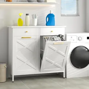 Double Tilt Out Trash Can Cabinet 20 Gallon Free Standing Garbage Recycling Can with 2 Drawers Metal Dog Proof for Kitchen & Living Room