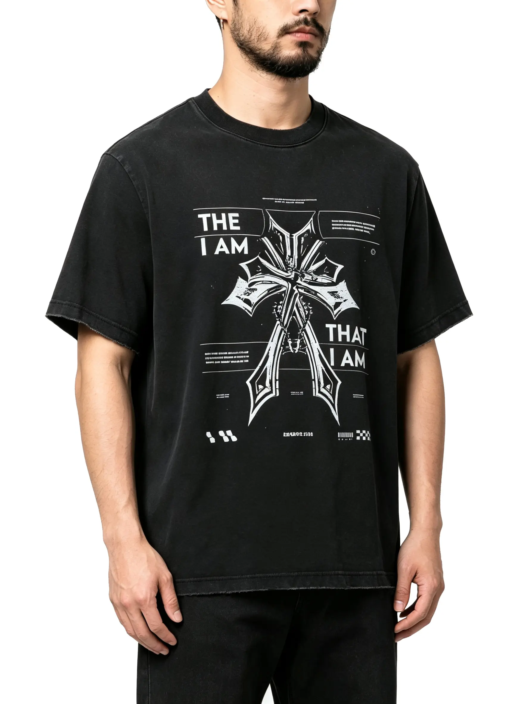 Men's Vintage Washed Black Cross Graphic Tee，Oversized Tee, Streetwear T-Shirt, Gothic Art Heavy Cotton Shirt