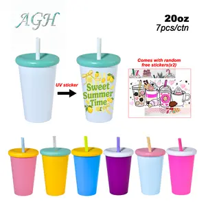 AGH US NEW Collection 7pcs/carton 20oz Matte Plastic Coffee Mugs with Lids & Straws, Assorted Colored Reusable Cold Drink Cups, Ideal Party Favors, Wedding Gifts & Bulk Commercial Event Party Supplies