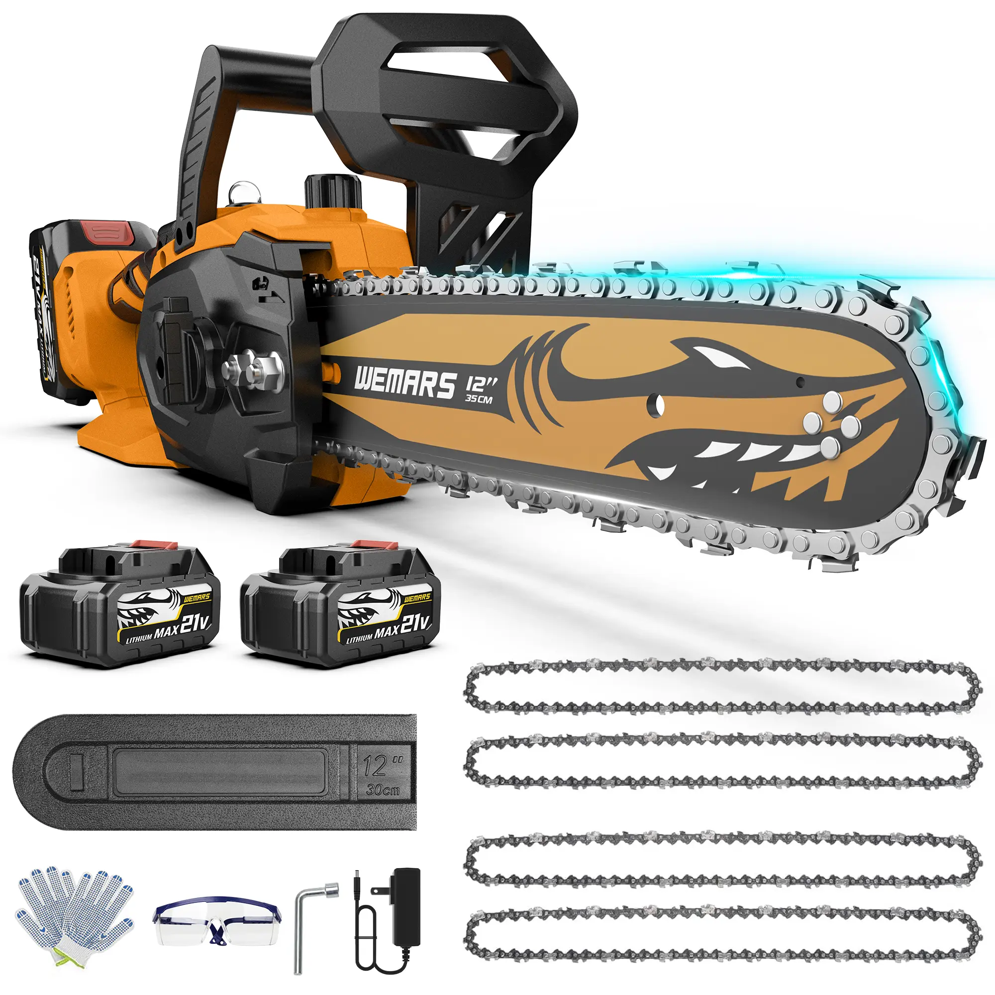 21V Cordless Chainsaw 12" with 2 Batteries, Brushless Motor, Tool-Less Tension, Auto Lubrication, 4 Chains, Safety Lock for Wood Cutting, Tree Trimming & Yard Work