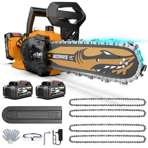 21V Cordless Chainsaw 12" with 2 Batteries, Brushless Motor, Tool-Less Tension, Auto Lubrication, 4 Chains, Safety Lock for Wood Cutting, Tree Trimming & Yard Work outdoorfun