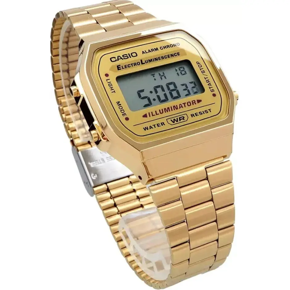 CASIO A168WG-9A Men's Fashionable Waterproof Digital Quartz Watch - Gold-Tone Metallic Stainless Steel Rectangle Face, Luminous Display, Backlit, Alarm, Stopwatch, Water Resistant, Fashionable Waterproof Watch, Men's Accessories