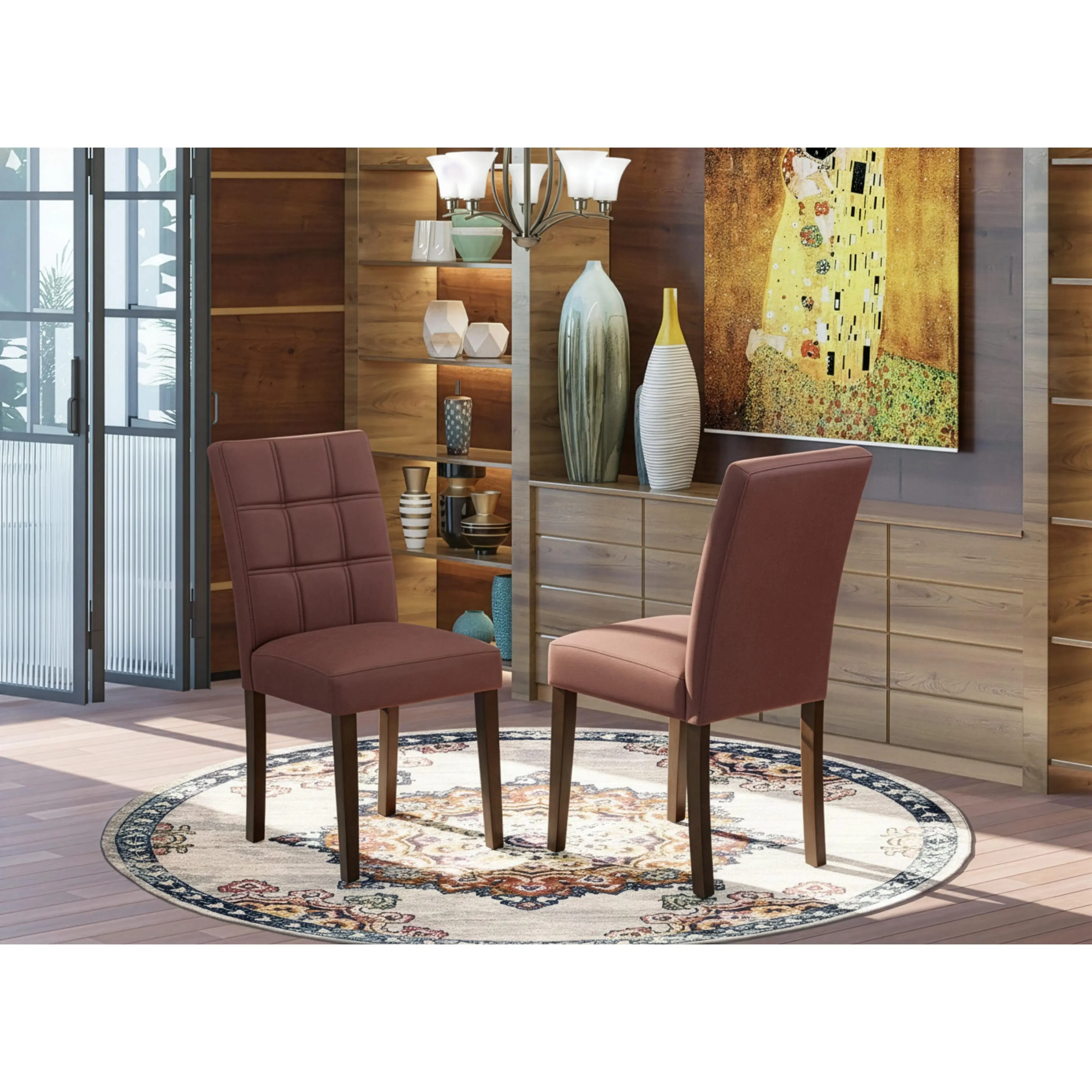 East West Furniture ASP3T26 Austin Upholstered Dining Chairs- Burgundy Faux Leather Upholstered Seat and stylish Chair Back - Mahogany Finish (SET OF 2)