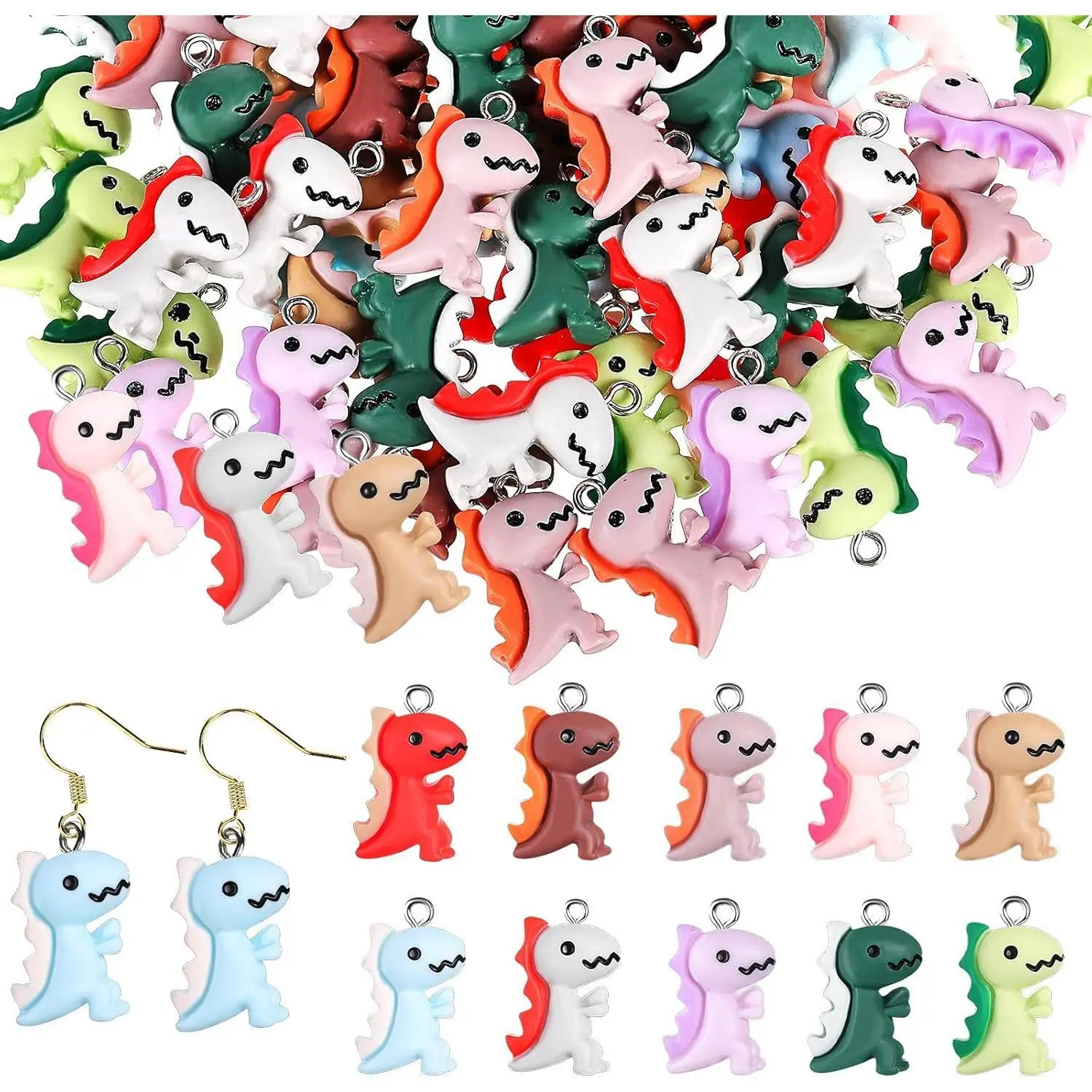 X-HDJ19 100 Pieces Vivid Lively Dinosaur Resin Charms for Jewelry Making, Assorted 10-Color Pendants for Earring Bracelet DIY Crafts, Assorted Colors, Boyfriends