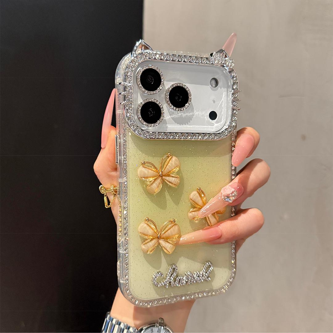 DIY Glitter Clear Phone Case with 3D Butterfly & Rhinestone Charms, Bling Cat Ear Diamond Frame Customizable Protective Cover for IP 17 PROMAX junk