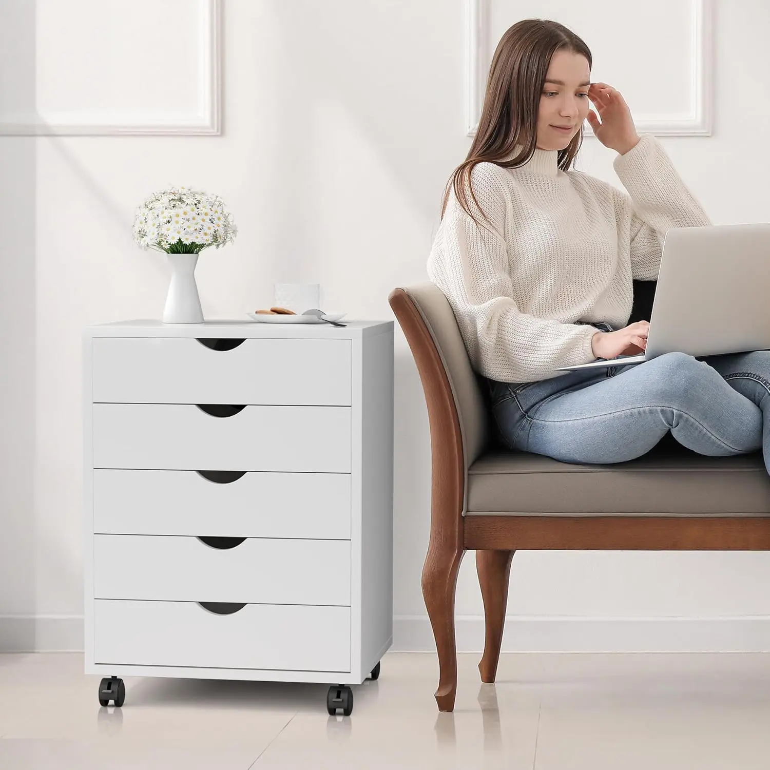 5-Drawer Rolling Storage Cabinet with Locking Wheels | Mobile Dresser & File Organizer for Home Office, Closet, Bedroom | Easy Assembly, Sturdy & Space-Saving | White