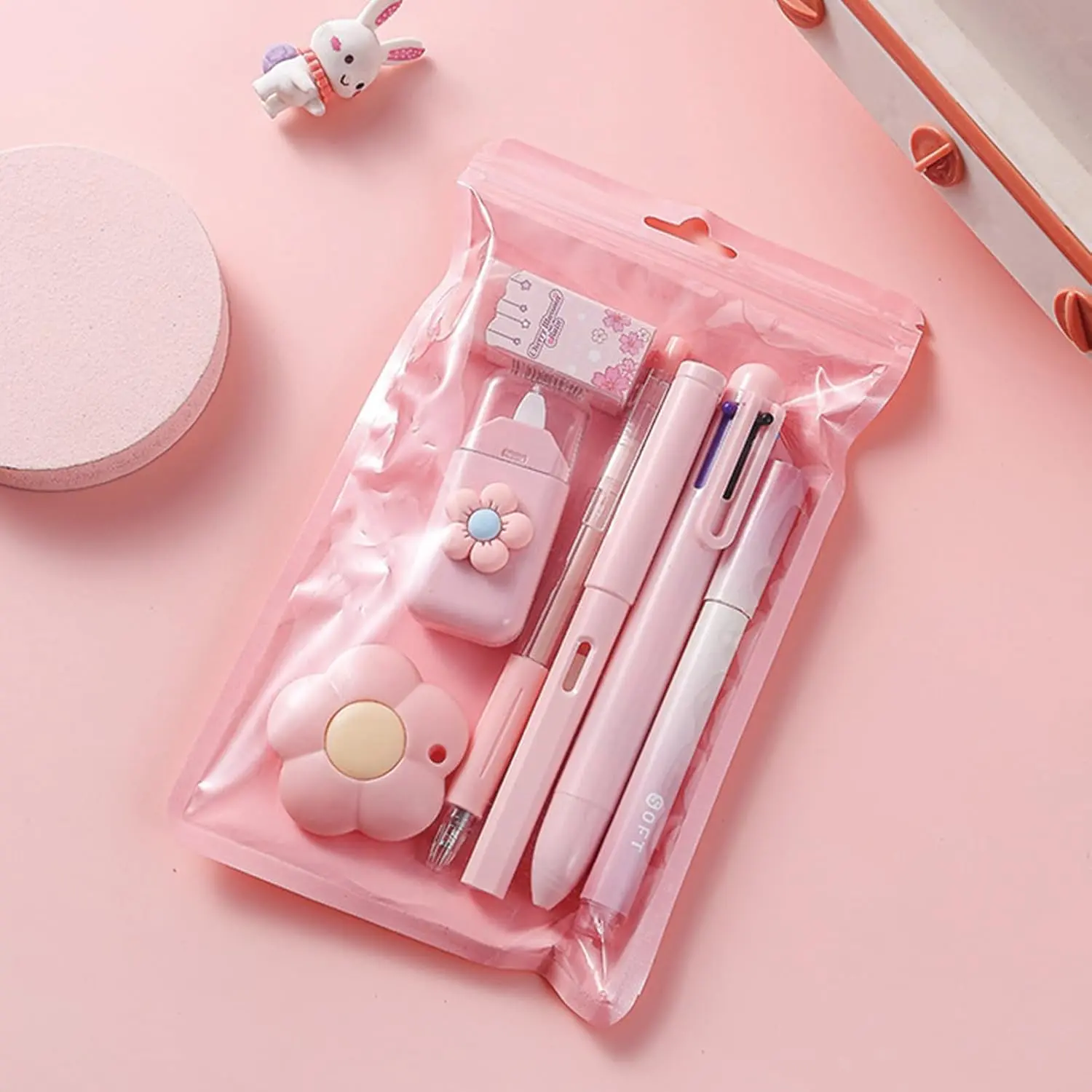 Cute Stationery Set - 7-Pcs Kawaii Aesthetic School Bundle, Plastic Writing Tools Office Kit, 3-Set College Supplies Back to School Haul Gifts: Ballpoint Pens, Mechanical Pencils with Refills, Sharpener, Highlighter, Correction Tape, Ruler, Utility Cutter