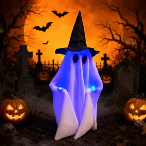 Talking Walking Halloween Ghost Decoration with Witch Hat, Light Up Blue Glow Animated Ghost Decor for Halloween Party Porch Yard Indoor Outdoor