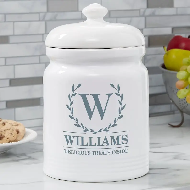 Laurel Wreath Personalized Cookie Jar, 10 1/2”H x 6 1/2”D, Airtight Lid, Ribbed Base, 1 Character Initial, Customization Available for Name and Text