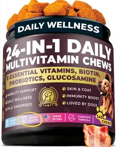 24-in-1 Complete Multivitamin Treats for Dogs - PhD Endorsed 8 Vitamins, Biotin, Probiotics, Glucosamine - Daily Wellness, Immunity, Skin & Coat, Mobility 140 Treats - Bacon Flavor - Made in USA