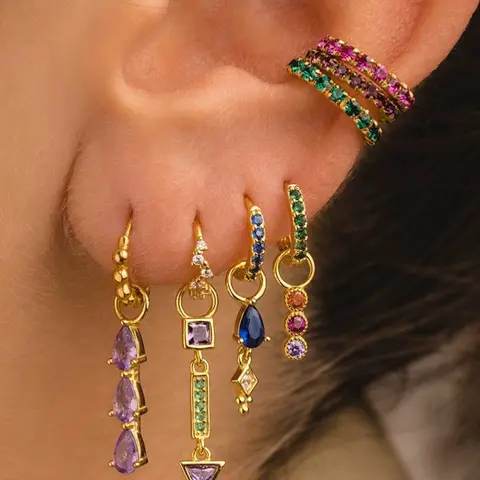 Women's Style Earrings Set, Colorful Zirconia Hoop & Dangle Ear Cuffs, Light Luxury Design, Trendy Jewellery Accessories, Elegant Women Jewelry Accessories, Statement Earrings, Versatile Earrings, Trendy Fashionable Accessories
