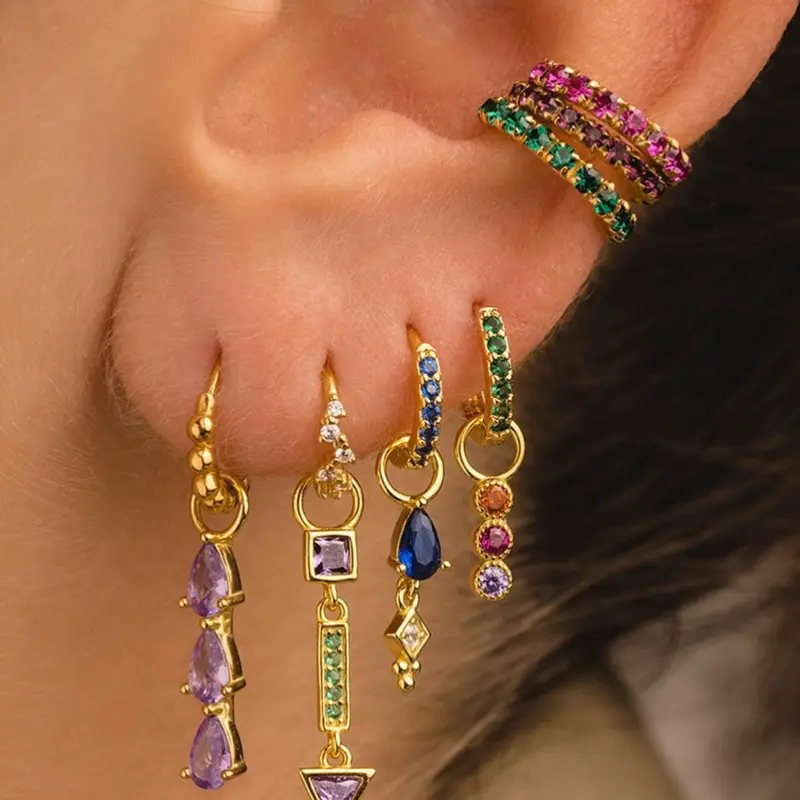Women's Style Earrings Set, Colorful Zirconia Hoop & Dangle Ear Cuffs, Light Luxury Design, Trendy Jewellery Accessories, Elegant Women Jewelry Accessories, Statement Earrings, Versatile Earrings, Trendy Fashionable Accessories