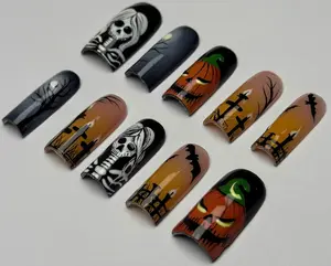 Gothic Halloween Press On Nails Ghost Pumpkin & Cemetery Art Glossy Y2K Chrome Retro Style Easy Application 10 Nails Set