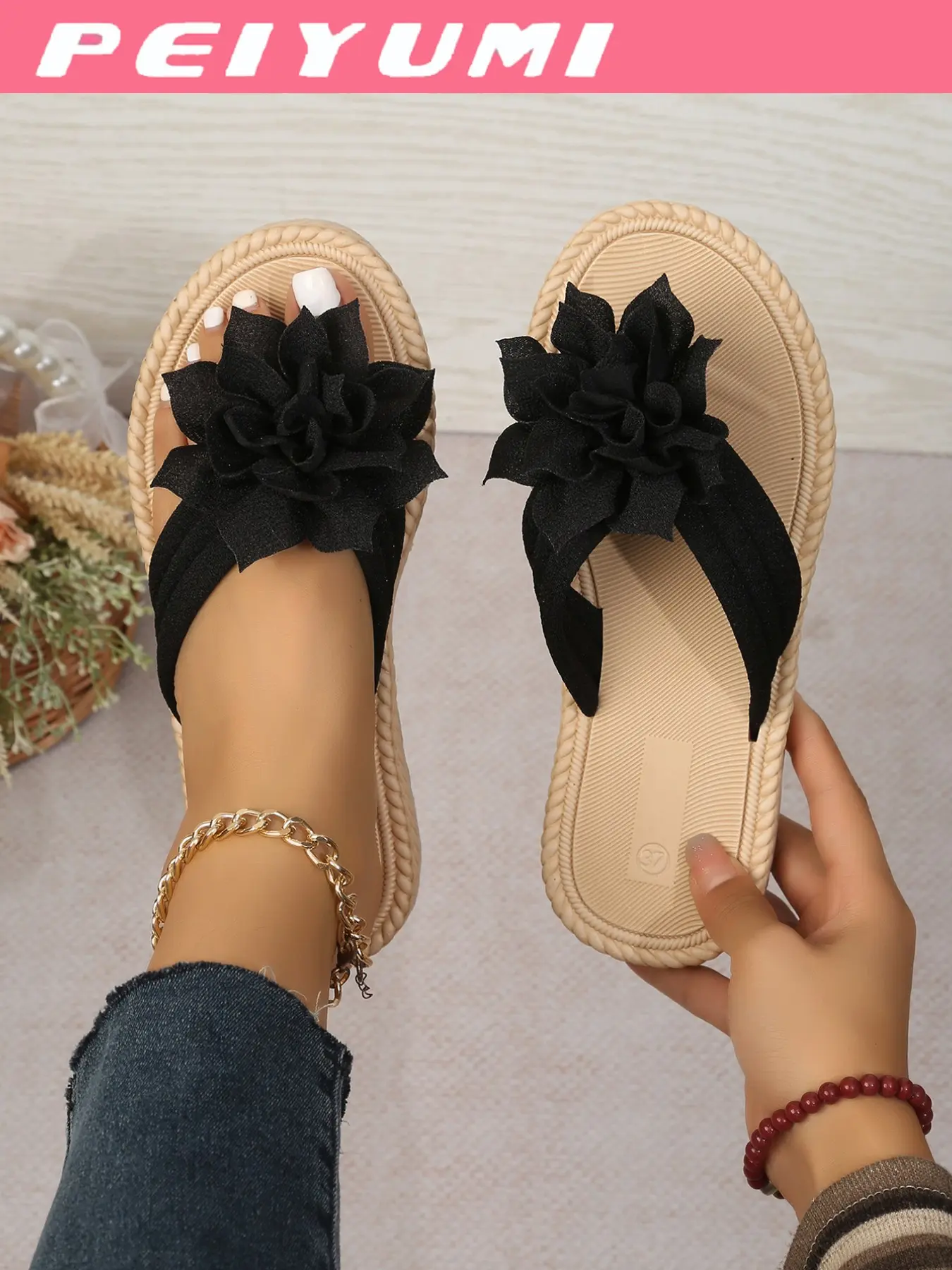 Women's Fashion Lightweight Bubble Sole Sandals, Casual Flat Sandals, Comfy Flat Sandals, Elegant Lotus Decoration, Comfortable All Season, Thick Midsole, Casual Canvas Shoes