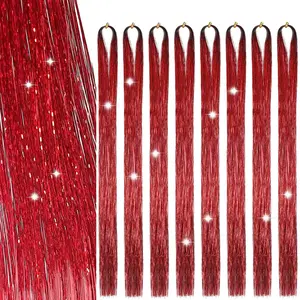 Hair Tinsel 8 Packs 1600 Strands 50 Inch Tinsel Hair Extensions Red Heat Resistant Glitter Sparkling Shinny Fairy Hair Accessories for Women and Girls