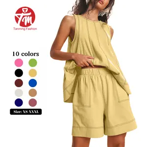 Tanming Women's Basic 2-Piece Casual Clothes Set, Round Neck Sleeveless A-Line Tank Top with Contrast Stitching, High-Waist Shorts with Pockets,summerwins,summeroutfits,vacationoutfits,bathingsuitwomenset,beachoutfits