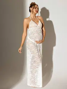 MISHELLA Maternity Sexy Sheer Lace White Backless Halter Dress For Holiday Party Clothes