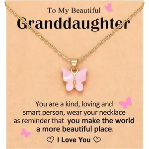 Butterfly Necklace Gift for Girls - Gold Plated Pink Butterfly Pendant Jewelry for Granddaughter, Daughter, Niece, Sister for Birthday Christmas