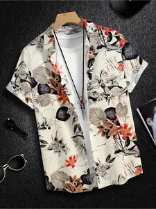 Men's Casual Short Sleeve Collared Shirt with Leaf Print - Breathable Polyester, Button Design for Vacation and Casual Dress