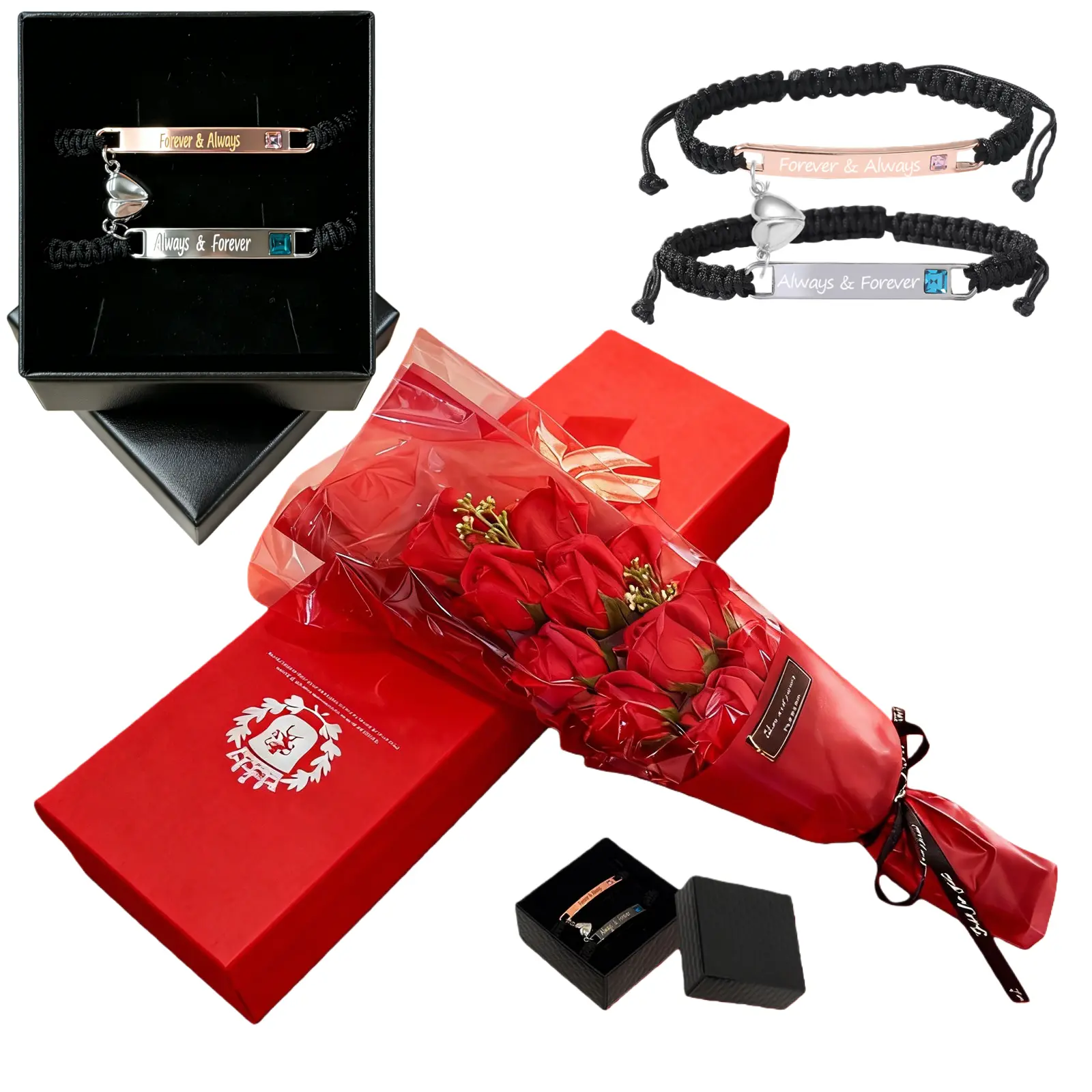 Couple Rhinestone Bracelets & Eternal Foam Rose Gift Box Set Adjustable for Girl Friend Wife Woman Her Birthday Anniversary Couples 11 Red Artificial Preserved Roses Bouquet Decoration Flowers for Wedding Valentine's Day Romantic Date