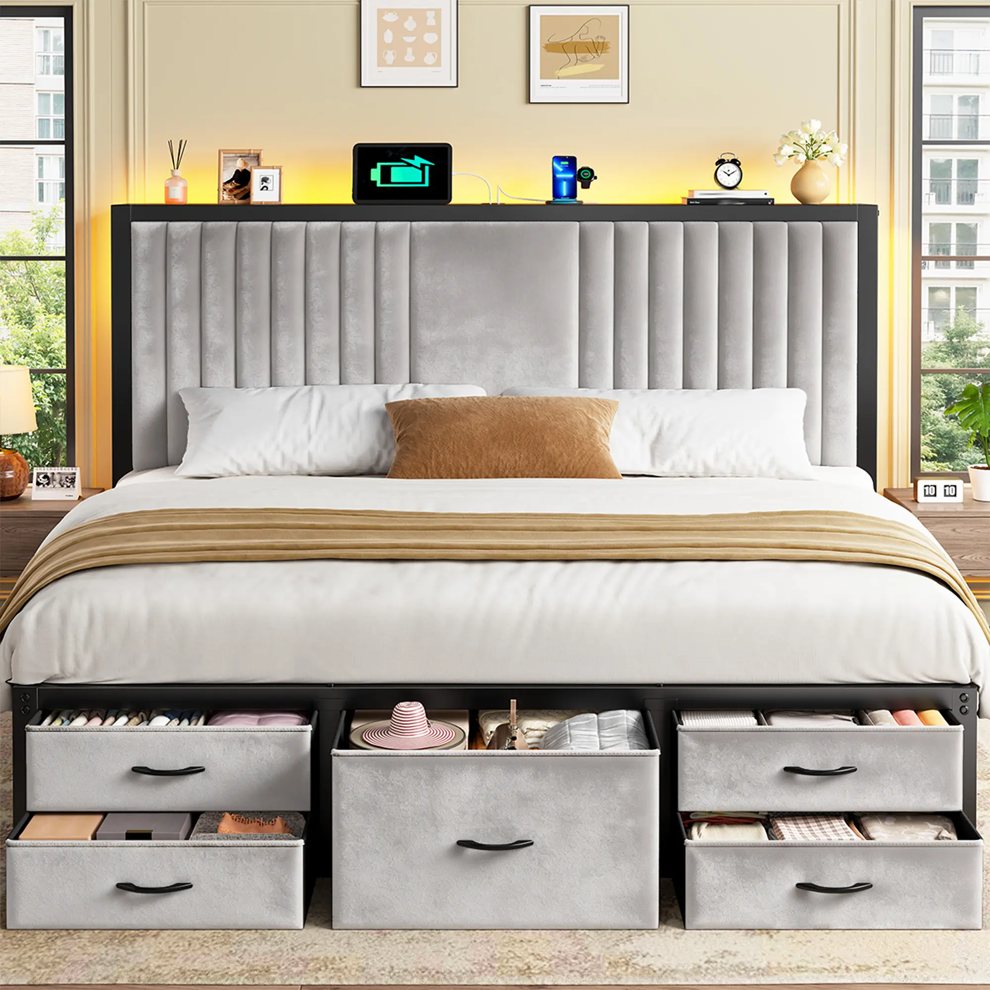Modern King/Queen/Full Size Bed Frame with 5 Storage Fabric Drawers,Luxury Upholstered Platform LED Metal Bed Frame with Built-in Charging Station & Shelf on Headboard, 13.39" Under Bed Space for Apartment, Dorms, Attic, Guestroom, 838LBS Capacity