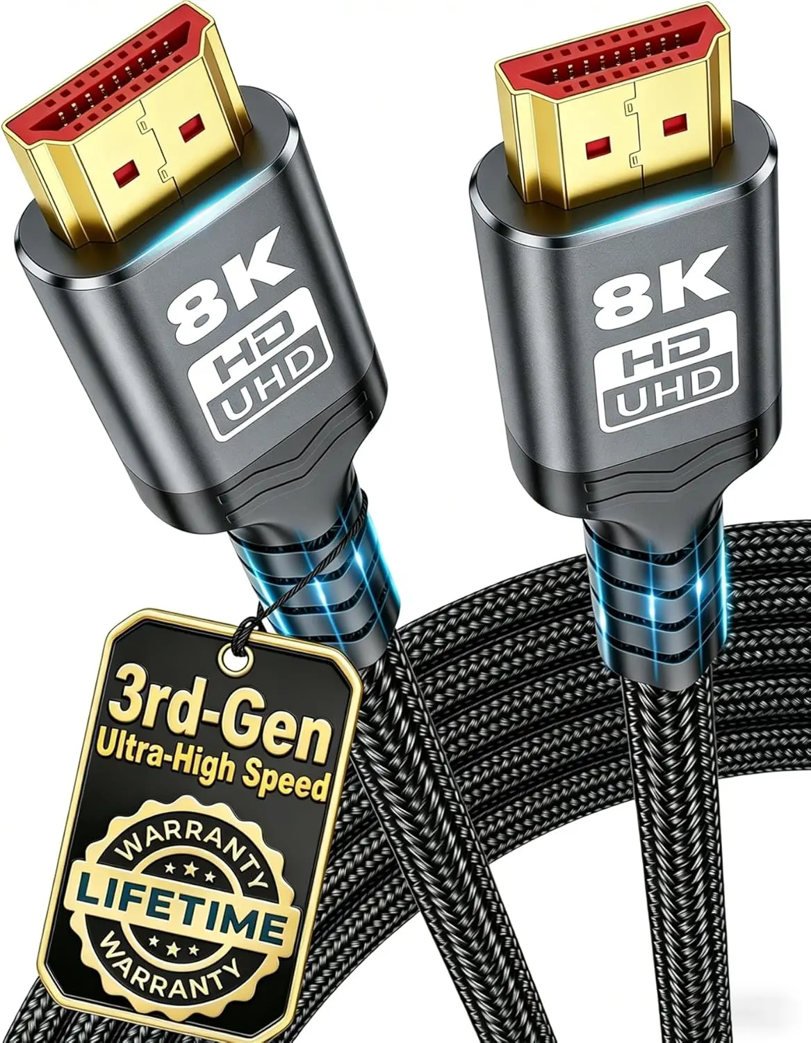 3rd Gen 10K 8K HDMI 2.1 Cable 3.3FT, 48Gbps Ultra High Speed, Military Grade Nylon Braided & Gold-Plated, 8K@60Hz 4K@120Hz, Dynamic HDR10 eARC 3D Dolby Atmos HDCP 2.2&2.3, Compatible with Roku TV, PS5