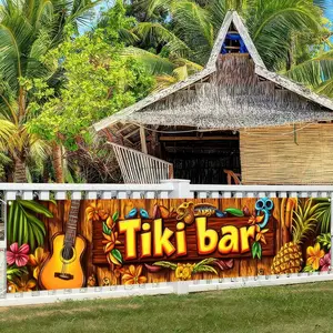 Summer Hawaiian Tiki Bar Banner, 1pc Tropical Theme Party Supplies, 118x20 Inch Fence Sign, Outdoor & Indoor Decoration