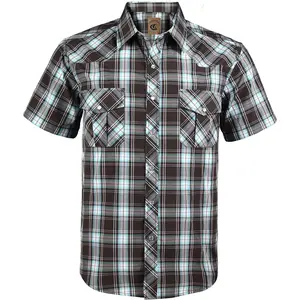 COEVALS CLUB Men's Western Cowboy Short Sleeve Pearl Snap Casual Plaid Work Shirt High-End Fabric Durable Construction Classic Fit Menswear Top Tropical Shortsleeve