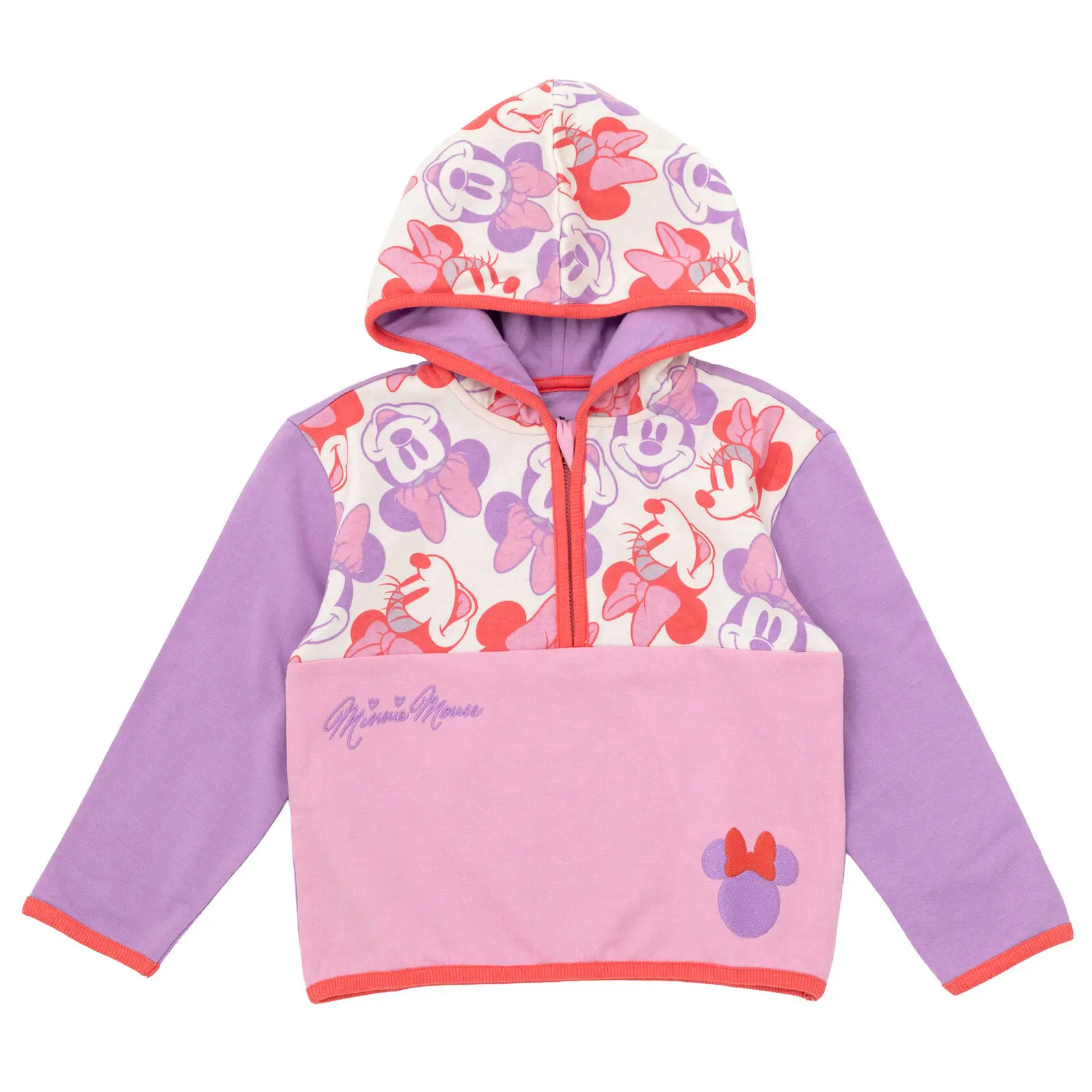 Disney Minnie Mouse Girls' Embroidered Fleece Fabric Quarter-Zip Hooded Neck Sweatshirt, Pink, Toddler to Big Kid, Back To School Haul, Hoodie, Long Sleeve, Kids Clothing Girls, Graphic, Kids Style