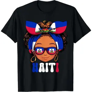 Cotton T Shirt Featuring a Haitian Girl with Messy Hair Celebrating Haiti Pride and Her Roots Perfect for Youth