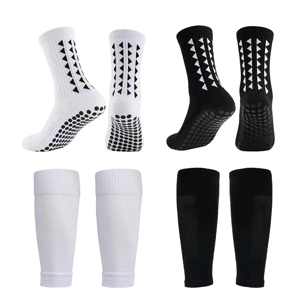 2 Set Anti-Slip Grip Soccer Socks with Shin Guard Sleeves, Sports Athletic Socks for Men Women Gripsocks Anti Slip Texture