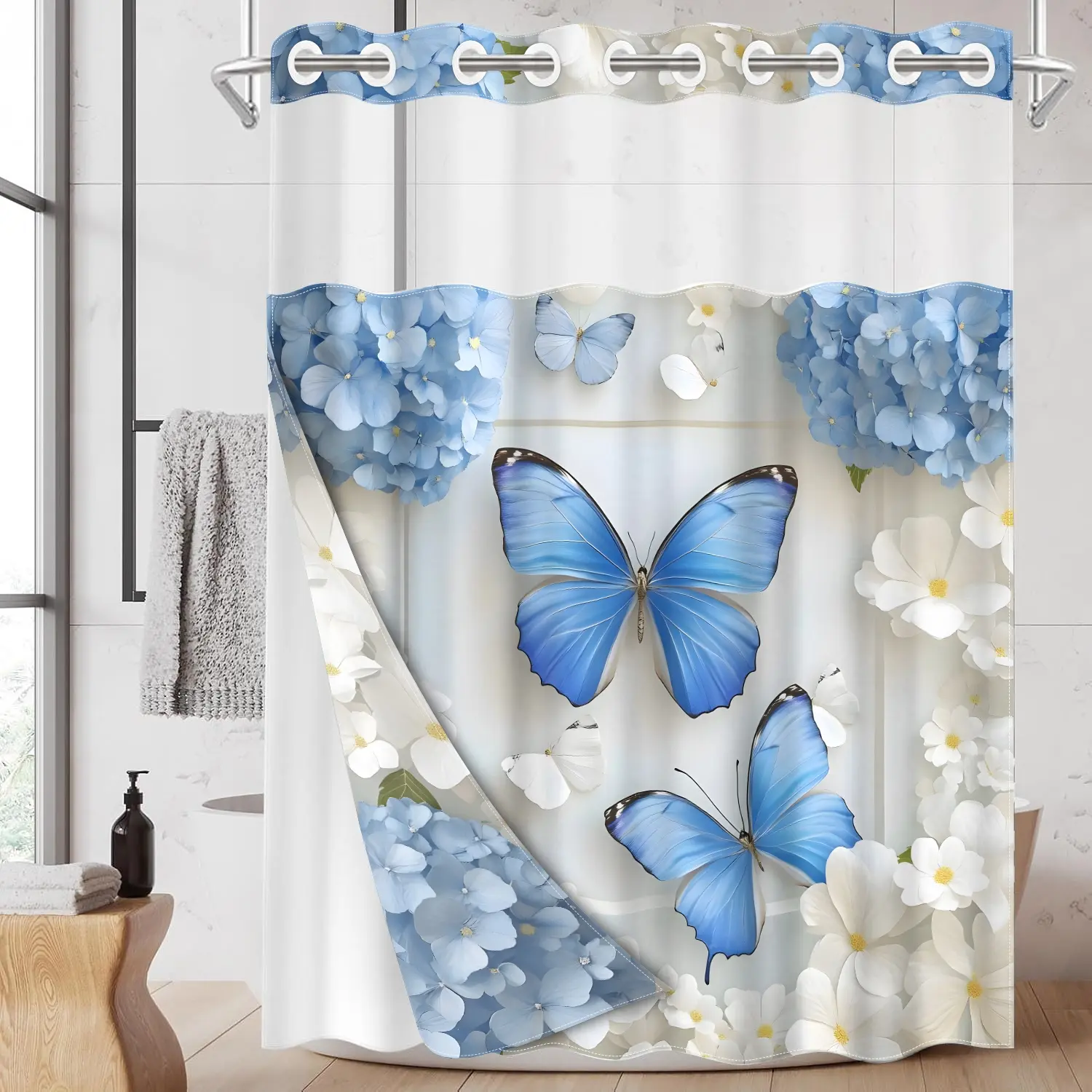 1PC 2D Flat Butterfly Hydrangea Pattern Double-Layer Woven Shower Curtain (No Hooks), Transparent Top Window, Removable liner with snap-on lining, Modern and Unique Home Bathroom Partition Art Decoration, Bathroom Decor, Holiday Decoration