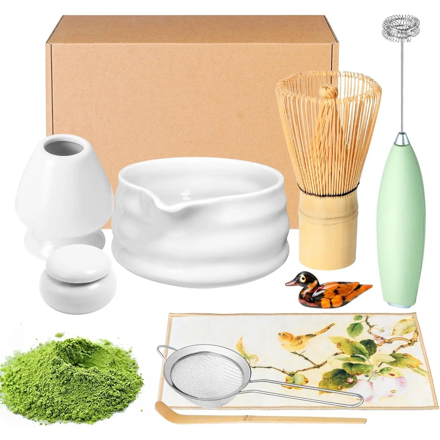 Matcha Whisk Set and Bowl, Matcha Making Kit Whisk, Bowl With Spout,  Starter Sifter, Ceramic Whisk Holder, Spoon   Tools For Ceremony  (White, 9 Pack)