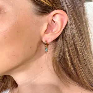 14K Gold Aquamarine Hoop Earrings – Baguette March Birthstone Dangle Huggies, Dainty Clicker, Seamless Cartilage Jewelry, Minimalist Gift